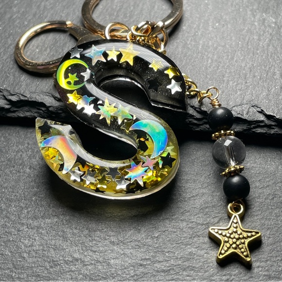 Artisan Handbags - Custom Made Gold Starry Letter “S” Keychain with Clear Quartz and Onyx Charm